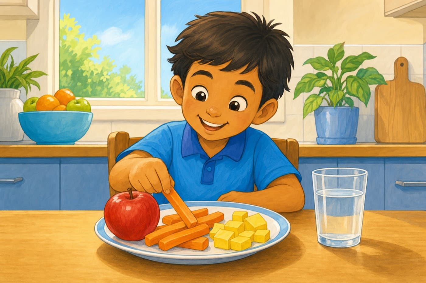 A child at a kitchen table reaching for a carrot stick from a plate of everyday foods — a whole apple, carrot sticks and cubes of cheese — with a glass of water beside the plate