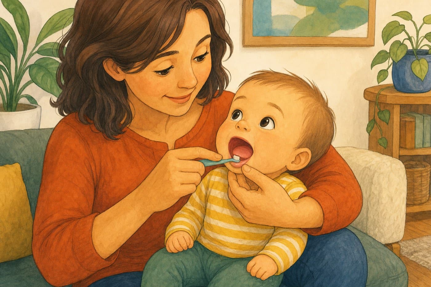 A baby sits on a parent’s lap with their head on the parent’s chest. One new bottom tooth is being brushed with a small soft brush.