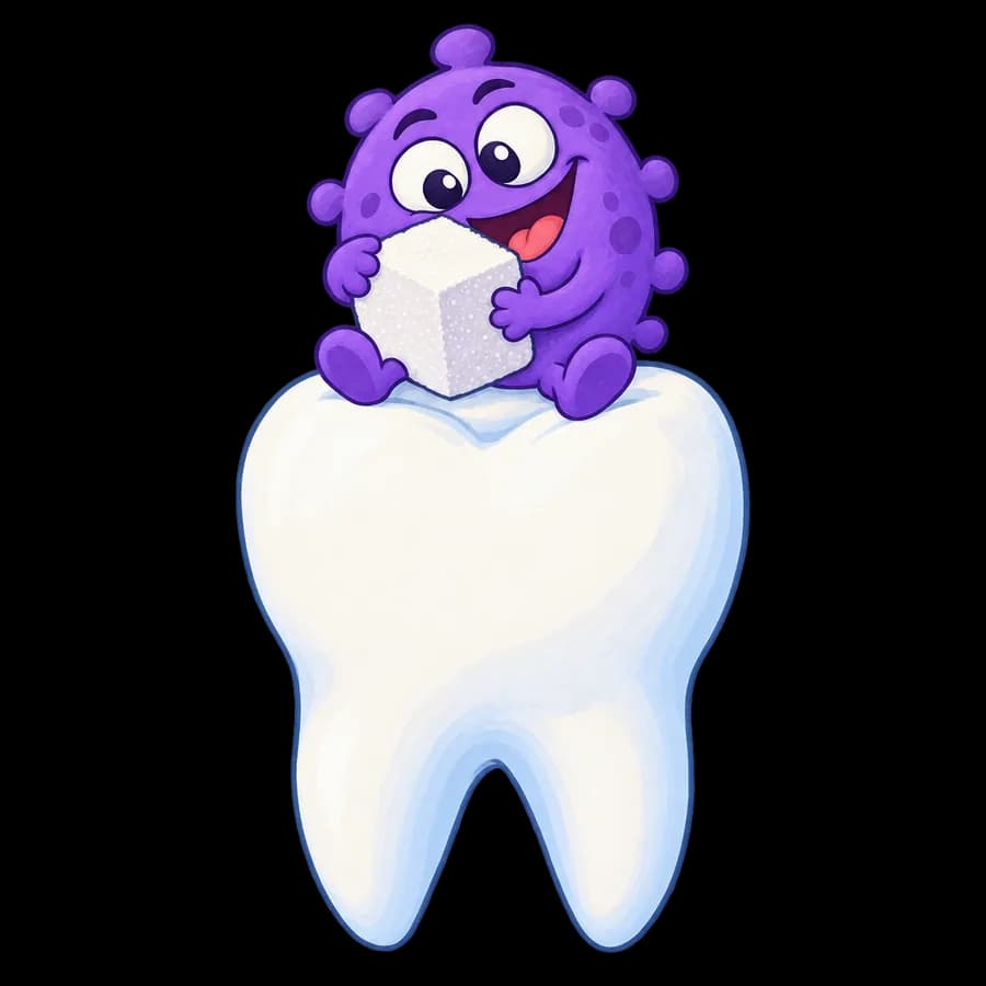 A small silly purple germ with goofy eyes and a cheeky grin, sitting on top of one big healthy tooth and hugging a sugar cube almost as big as it is