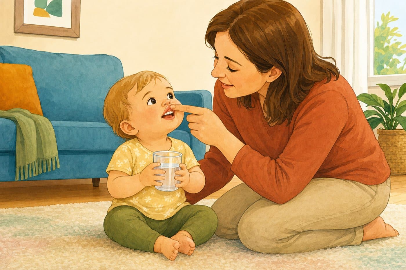 A toddler drinks from a cup of water. Beside them a parent gently lifts the toddler’s top lip to look at the front teeth.