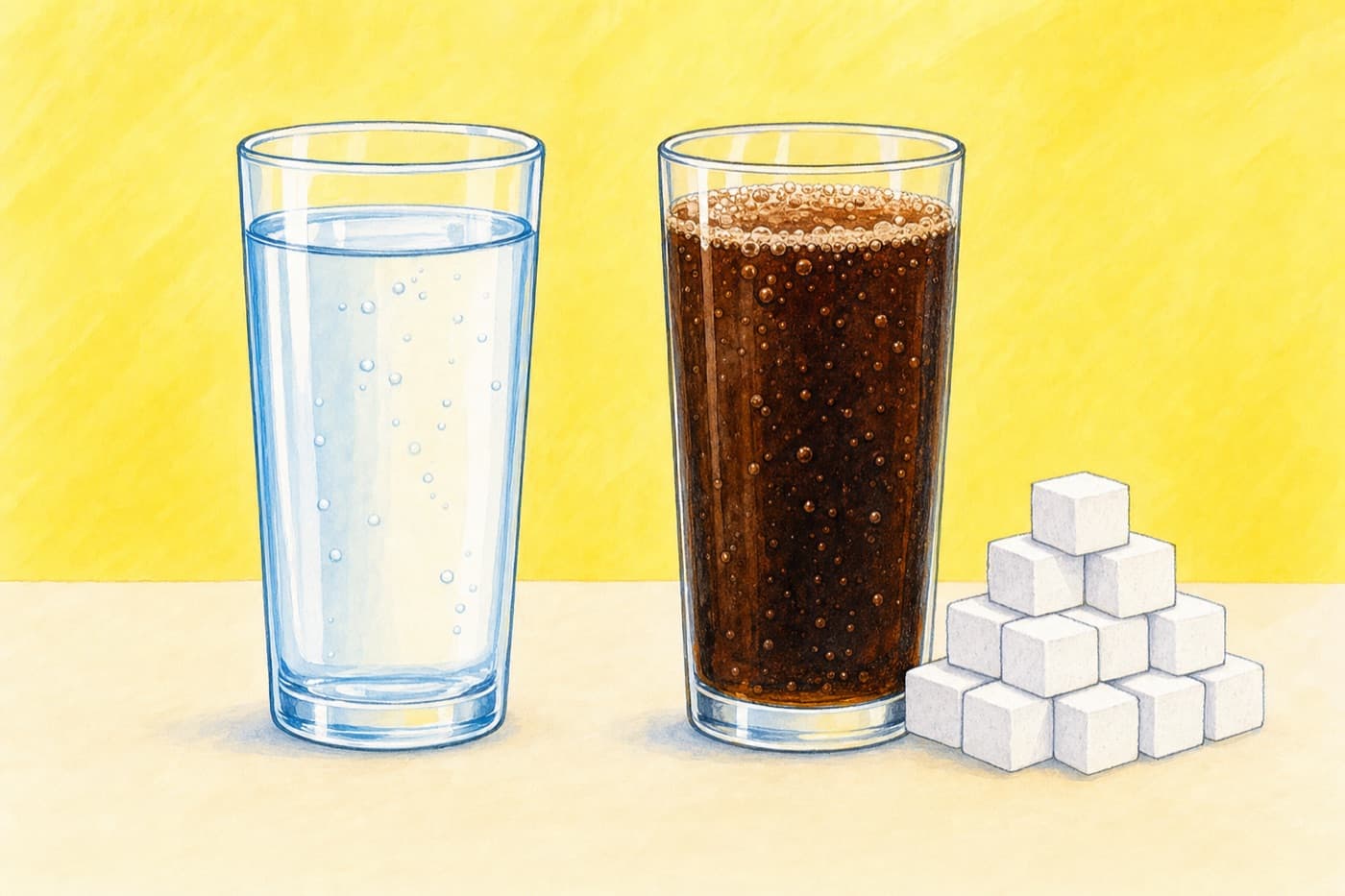 Two glasses side by side on a table. On the left, plain water. On the right, a dark fizzy drink, with a pile of about twelve sugar cubes heaped beside it and nothing beside the water