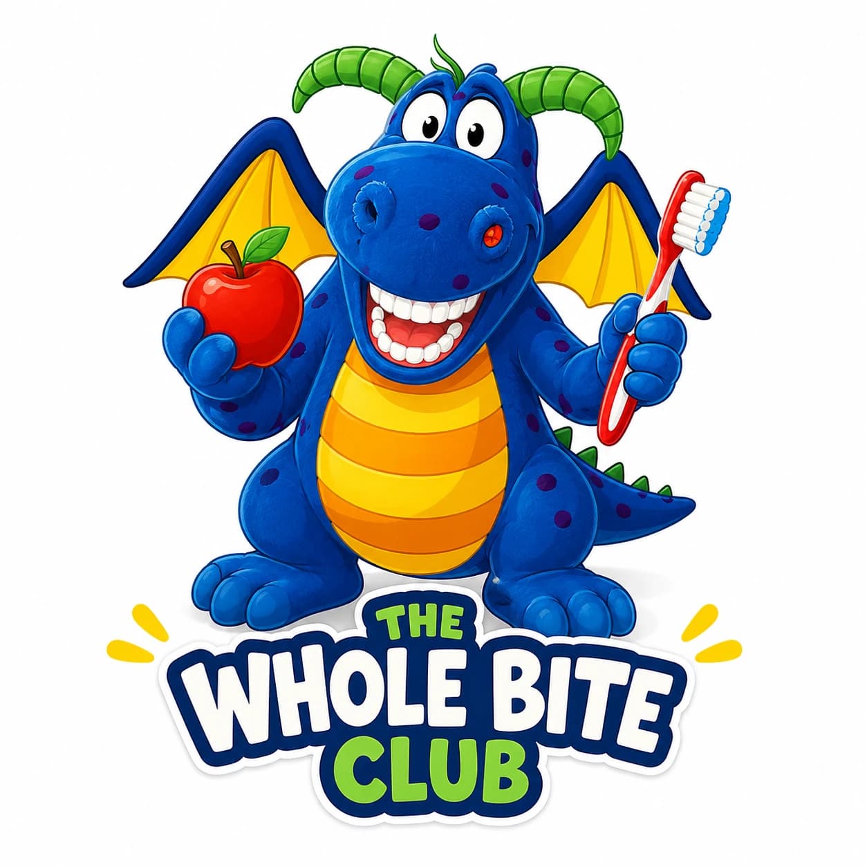 The Whole Bite Club dragon, holding an apple and a toothbrush