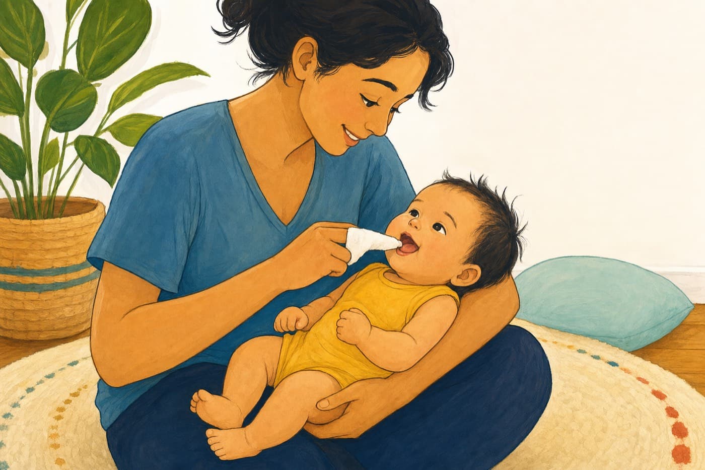 A parent wipes a baby’s gums with a clean damp cloth. The baby lies back on their lap.