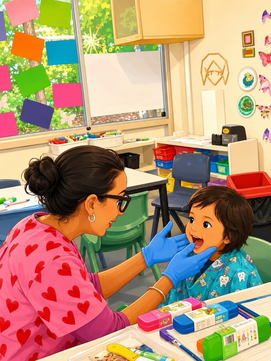 An oral health therapist wearing gloves gently holding a smiling child’s cheek to look at their teeth, at a table in their own classroom, with new toothbrush packs laid out beside them