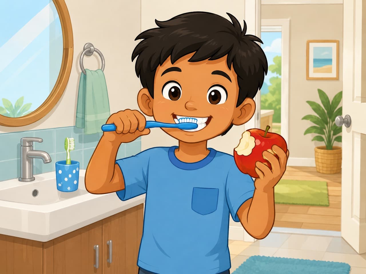 A child brushing their teeth, holding a half-eaten apple