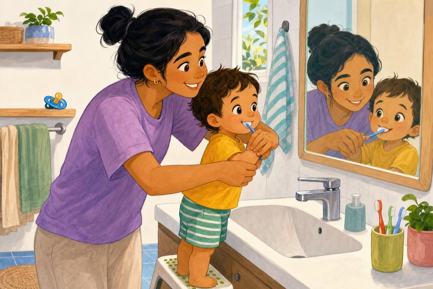 A child brushes at a mirror while a parent behind them finishes the job. A dummy sits on a shelf, out of the way.