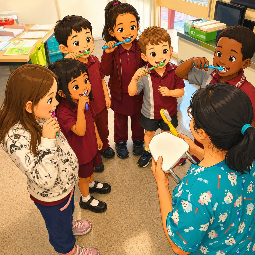 A group of children standing in a circle brushing their teeth at the same time, following an oral health therapist who is holding up a giant yellow toothbrush and a big model tooth