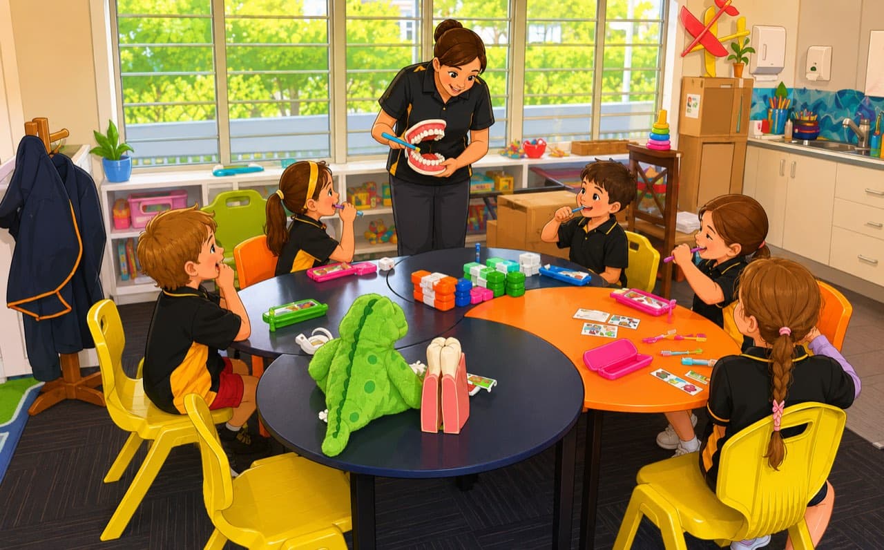 An oral health therapist showing a giant model of teeth to children at a classroom table
