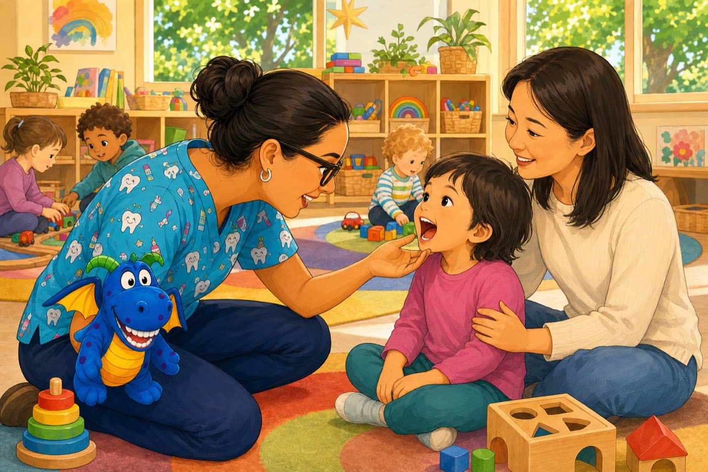 An oral health therapist looks at a preschooler’s teeth at a playgroup. The club’s blue dragon toy sits on her knee. The child’s parent sits beside them.